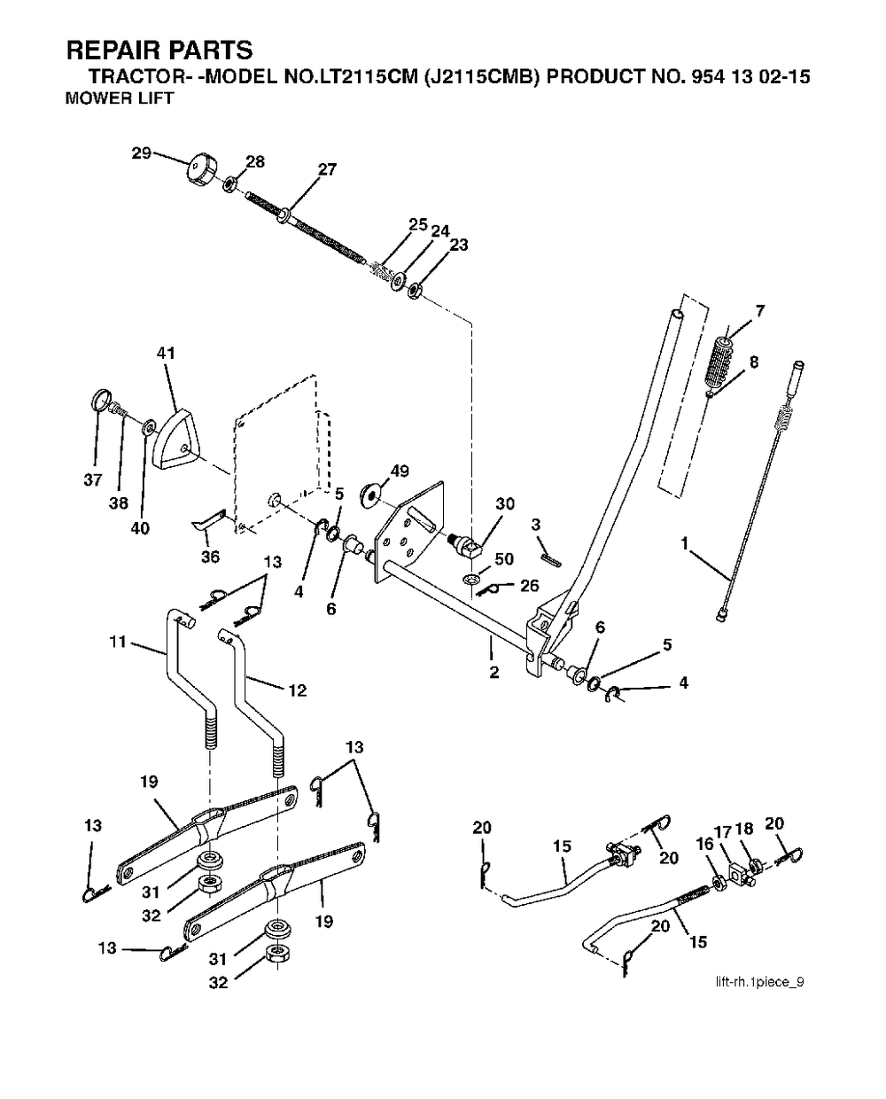 Mower Lift / Deck Lift Diagram and Parts List for LT2115CM (954130215)(2004-06) Jonsered Lawn Tractor