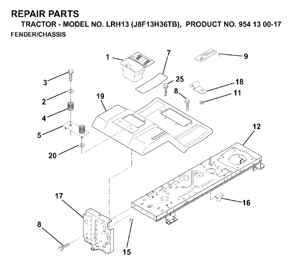 Chassis Enclosures Diagram and Parts List for LRH13 (954130017)(1998-12) Jonsered Lawn Tractor