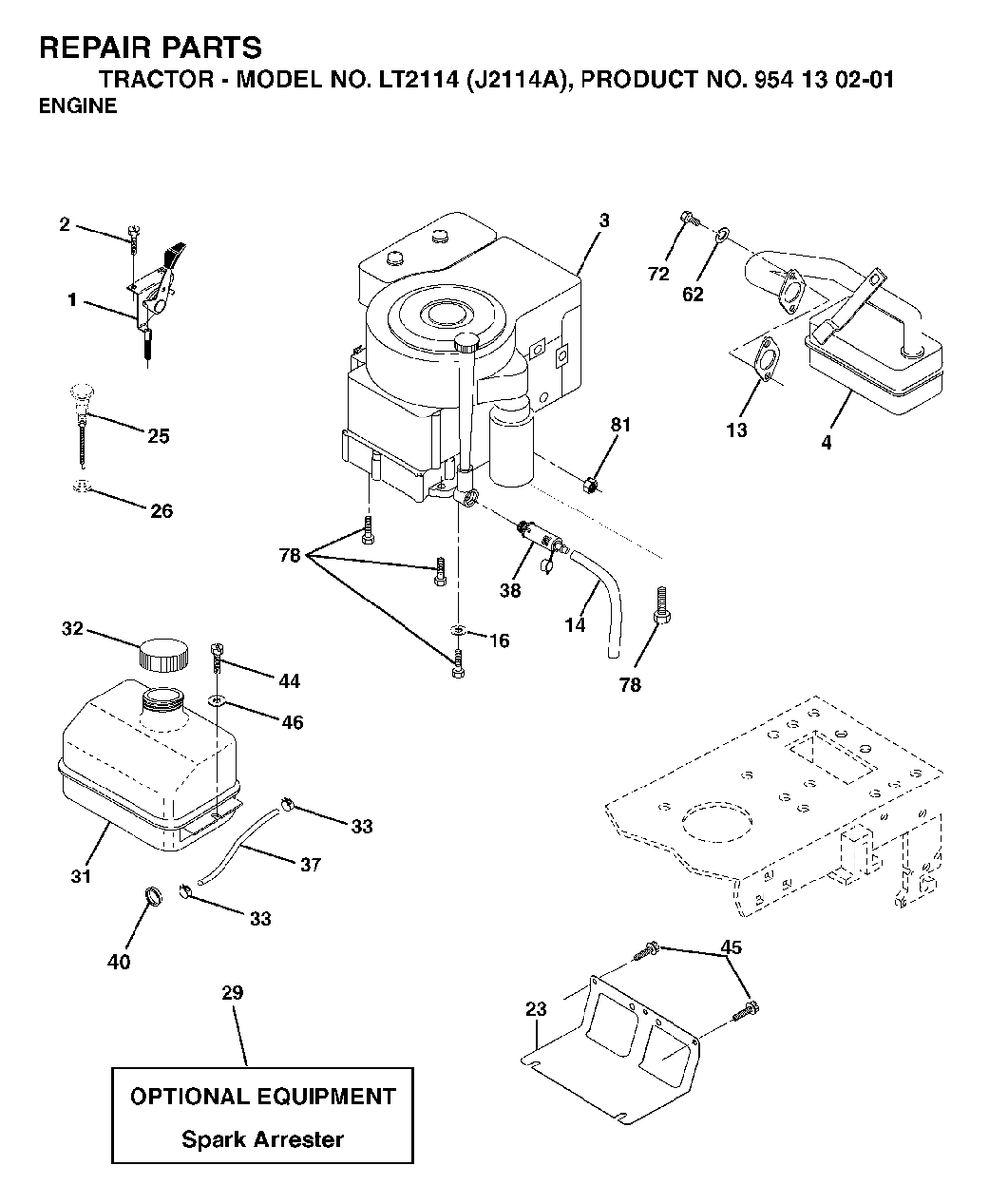 Engine Cutting Equipment Diagram and Parts List for LT2114 (954130201)(2003-01) Jonsered Lawn Tractor