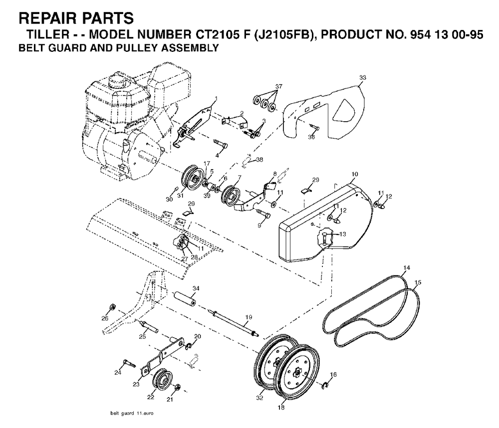 Belt Guard Pulley Diagram and Parts List for CT2105F (954130095)(2004-01) Jonsered Tiller