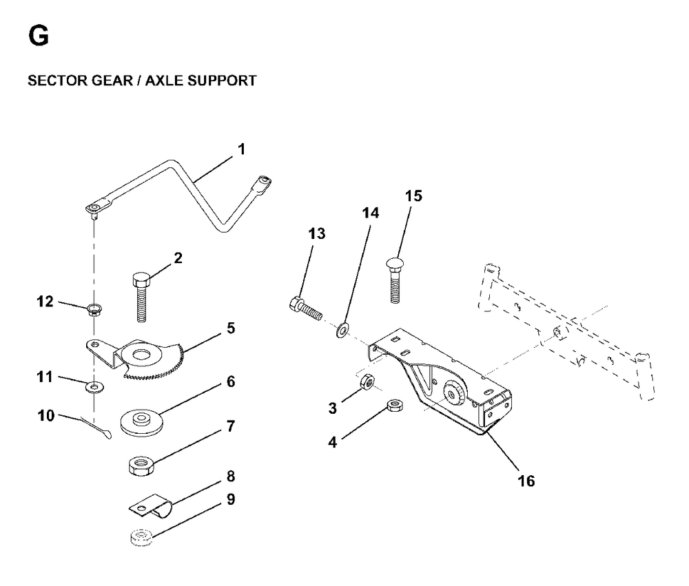 Sector Gear / Axle Support Diagram and Parts List for LR13 (954130013)(1998-01) Jonsered Lawn Tractor