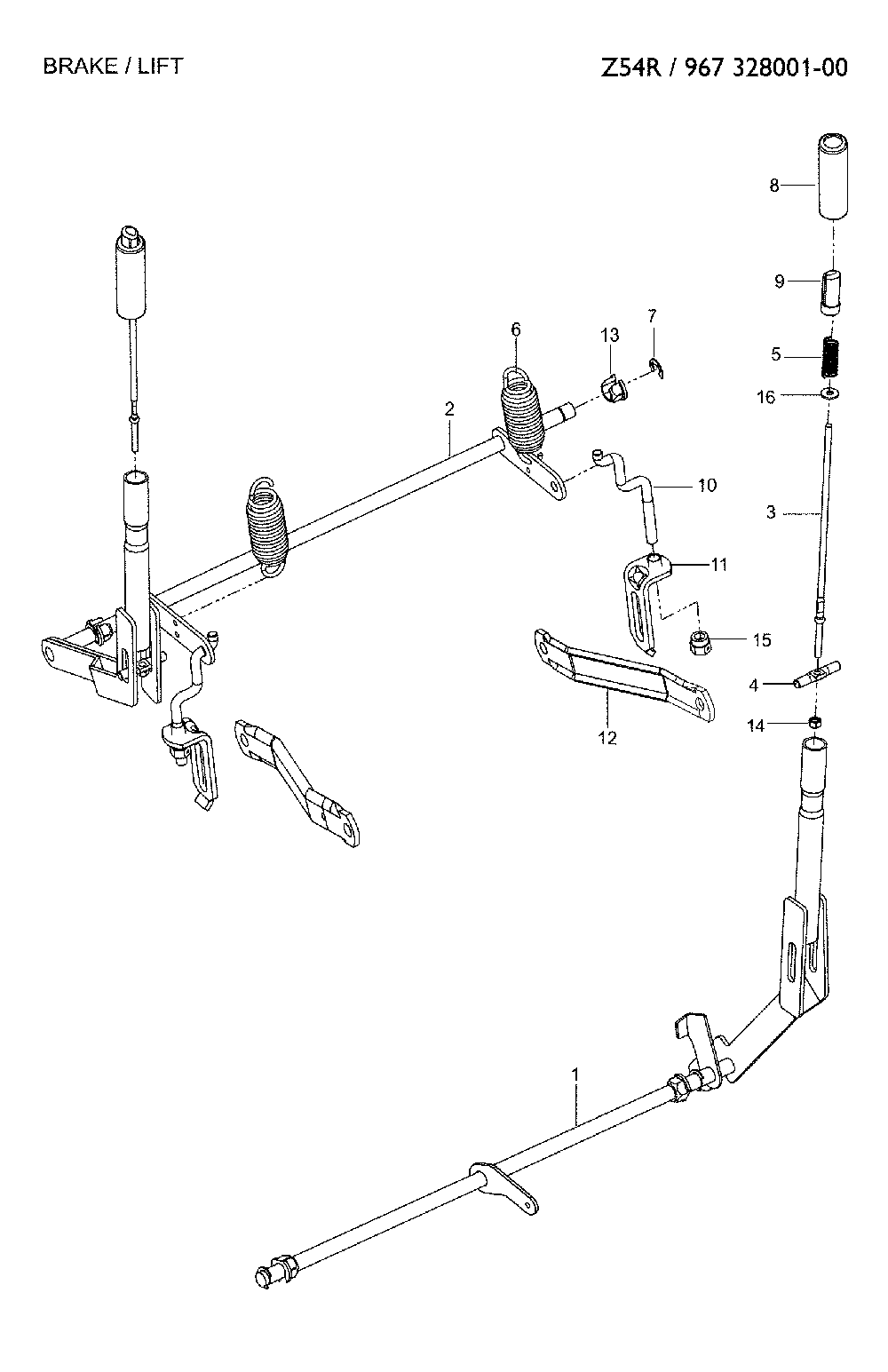 Brake/lift Diagram and Parts List for 967328001-00  Jonsered Lawn Mower