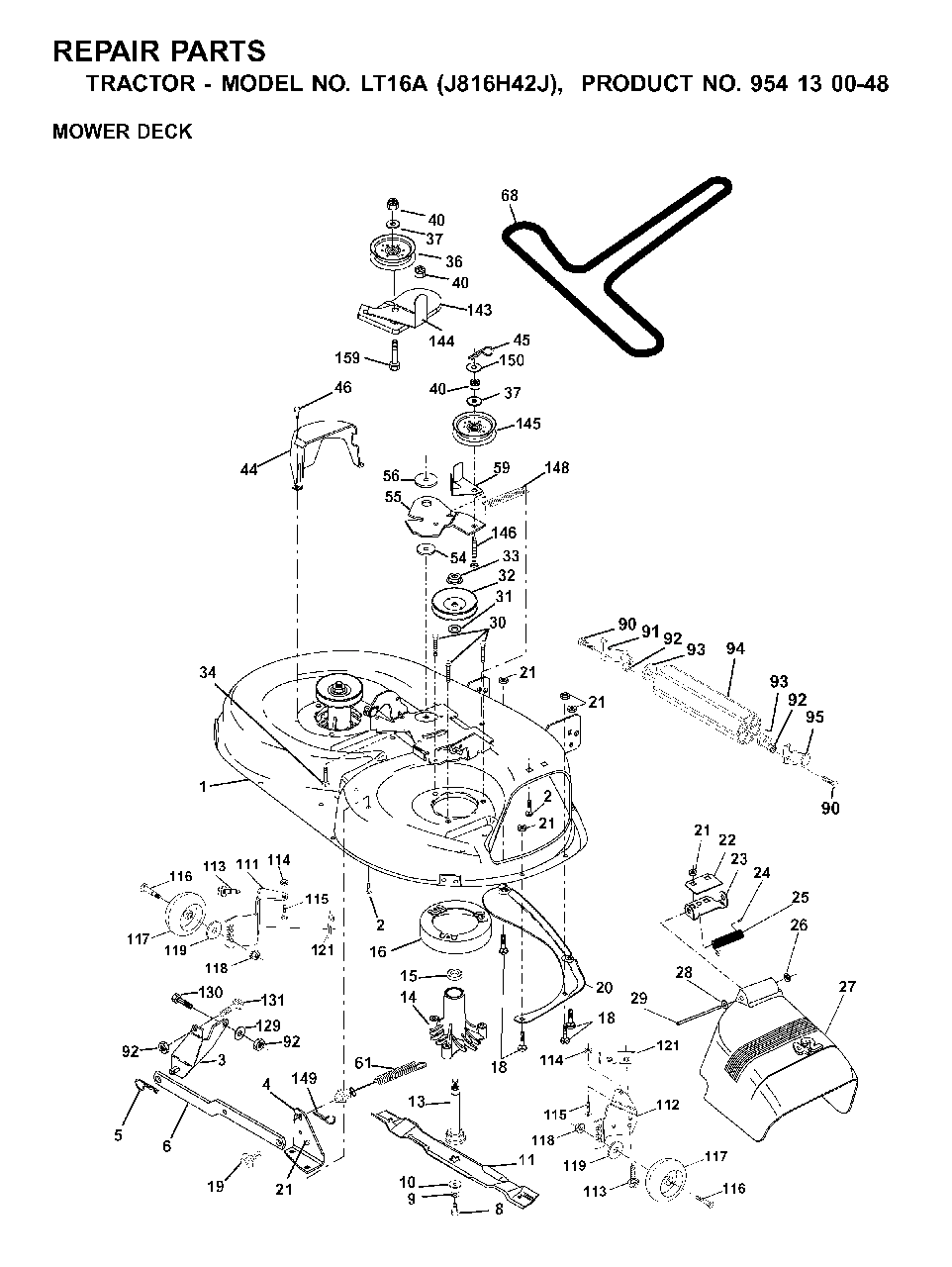 Mower Deck / Cutting Deck Diagram and Parts List for LT16A (954130048)(2001-02) Jonsered Lawn Tractor