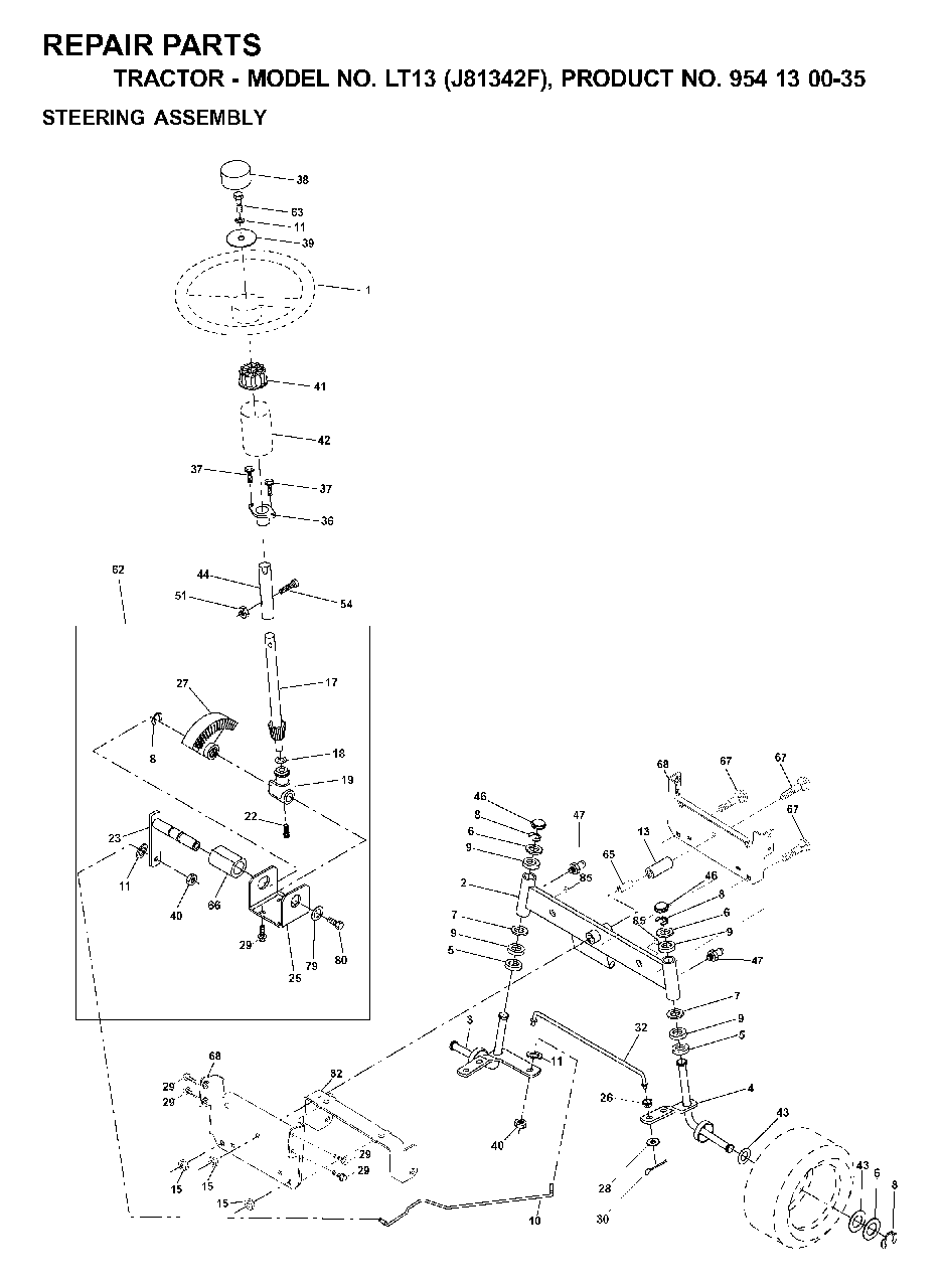 Steering Diagram and Parts List for LT13 (954130035)(2000-04) Jonsered Lawn Tractor