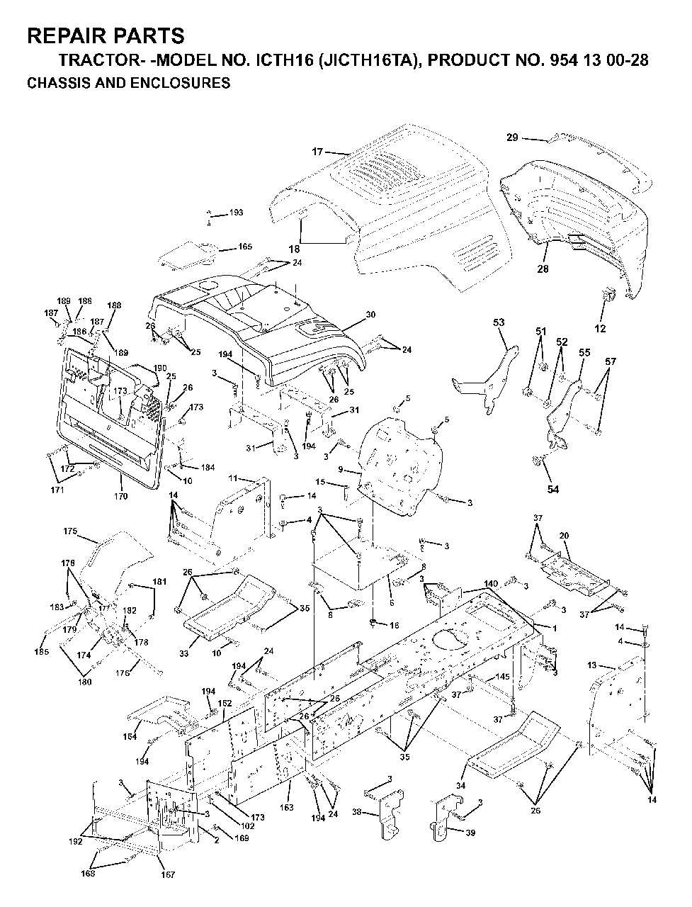 Chassis Enclosures Diagram and Parts List for ICTH16 (954130028)(1999-03) Jonsered Lawn Tractor