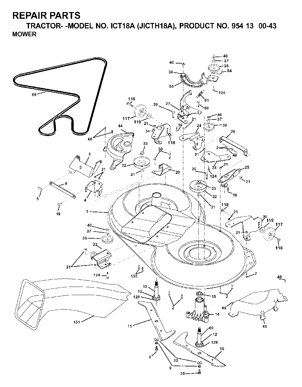 Mower Deck / Cutting Deck Diagram and Parts List for ICT18A (954130043-A)(2000-03) Jonsered Lawn Tractor