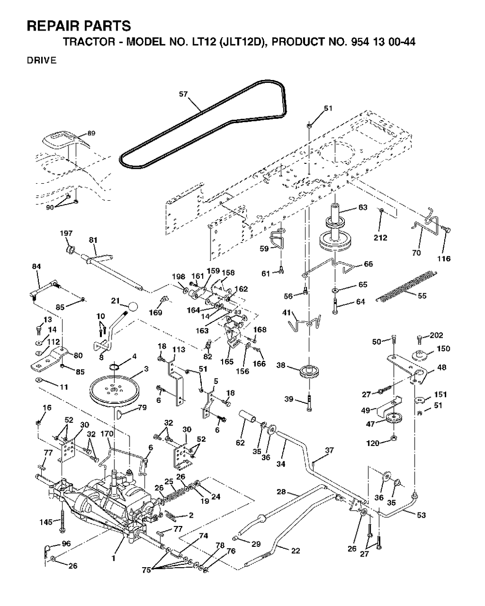 Drive Diagram and Parts List for LT12 (954130044)(2002-02) Jonsered Lawn Tractor