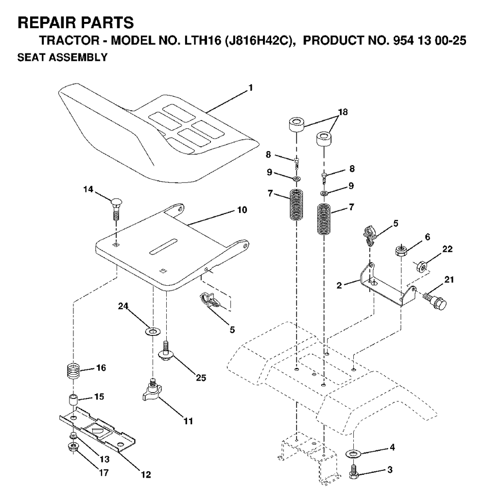 Seat Diagram and Parts List for LTH16 (954130025)(1998-12) Jonsered Lawn Tractor