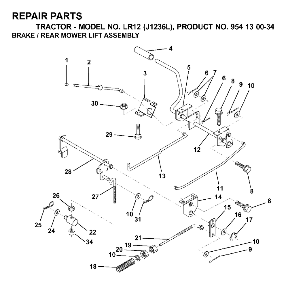 Brake / Rear Mower Lift Diagram and Parts List for LR12 (954130034)(2000-03) Jonsered Lawn Tractor