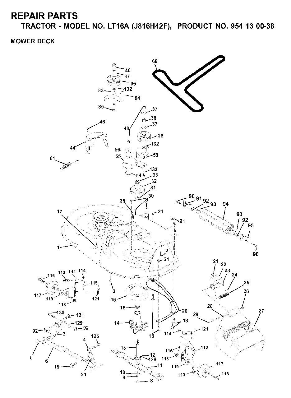 Mower Deck / Cutting Deck Diagram and Parts List for LT16A (954130038)(2000-03) Jonsered Lawn Tractor