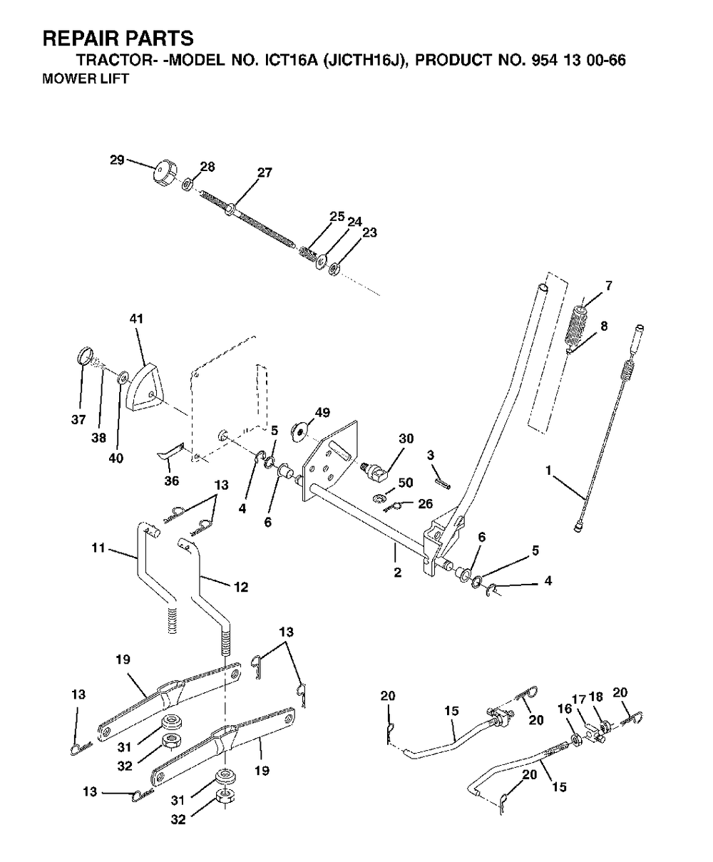 Mower Lift / Deck Lift Diagram and Parts List for ICT16A (954130066-J)(2002-06) Jonsered Lawn Tractor