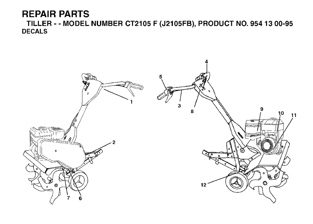 Decals Diagram and Parts List for CT2105F (954130095)(2004-01) Jonsered Tiller