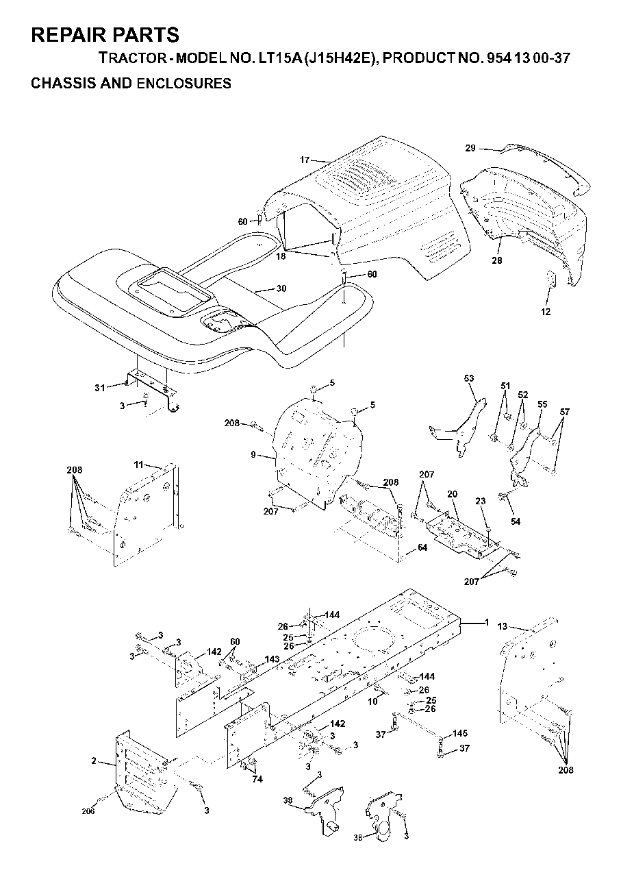 Chassis Enclosures Diagram and Parts List for LT15A (954130037-E)(2000-02) Jonsered Lawn Tractor