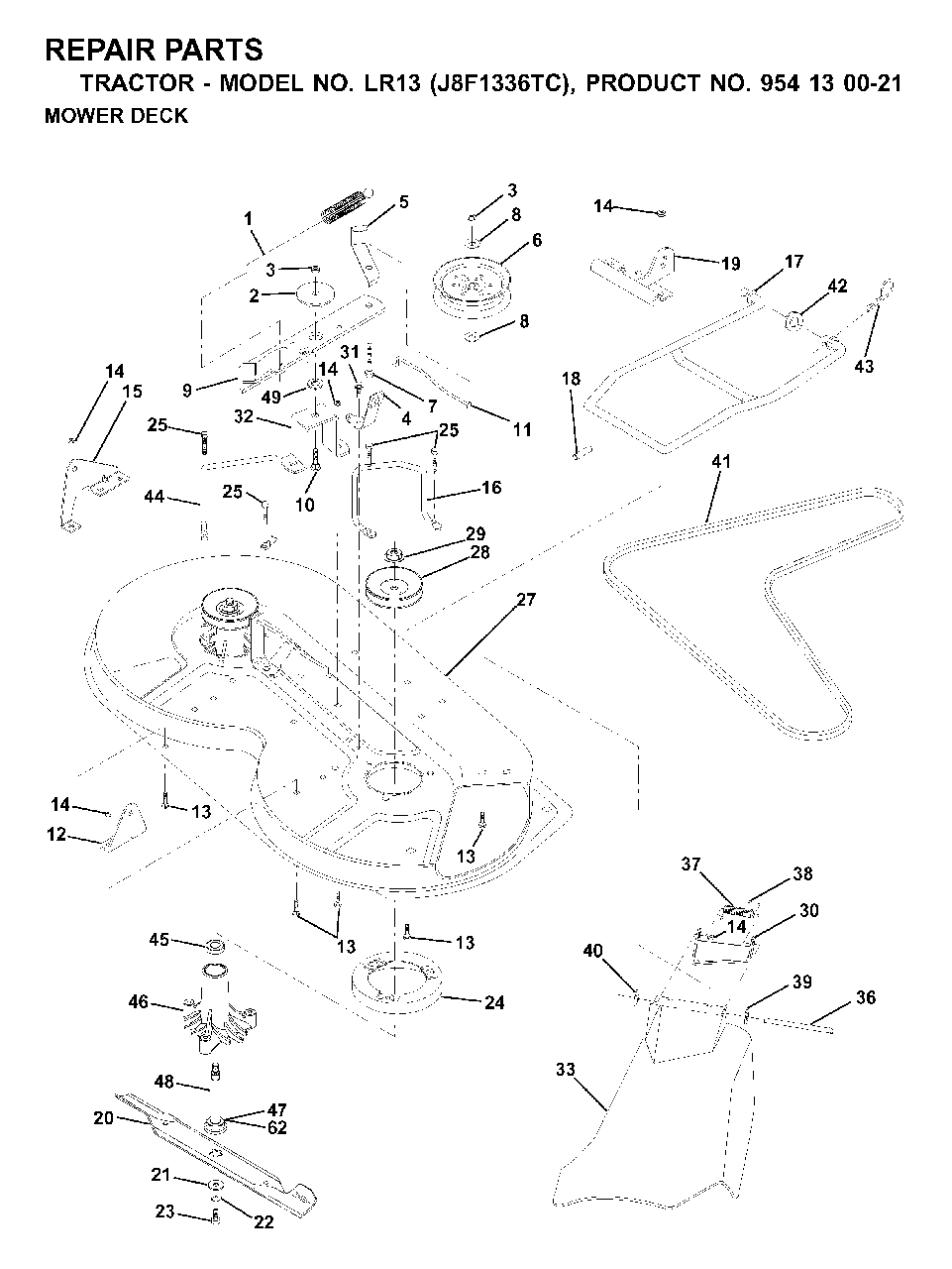 Mower Deck / Cutting Deck Diagram and Parts List for LR13 (954130021)(2000-02) Jonsered Lawn Tractor