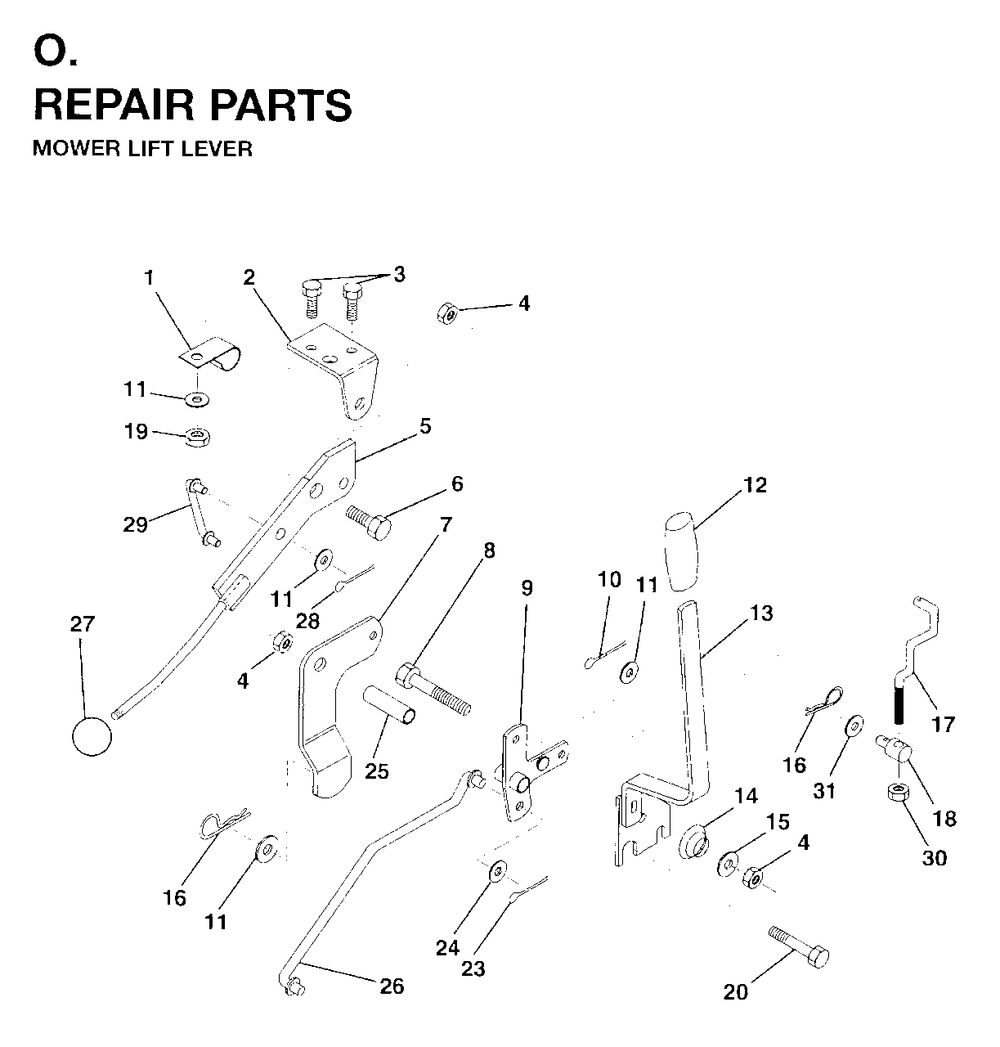 Mower Lift Lever Diagram and Parts List for LR12 (954003411)(1996-01) Jonsered Lawn Tractor