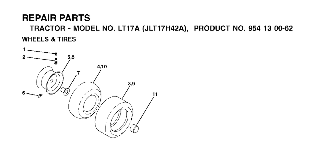 Wheels Tires Diagram and Parts List for LT17A (954130062)(2002-06) Jonsered Lawn Tractor