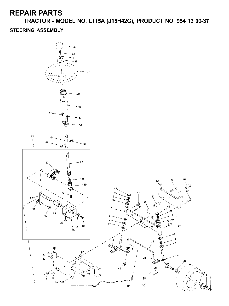 Steering Diagram and Parts List for LT15A (954130037-G)(2000-04) Jonsered Lawn Tractor