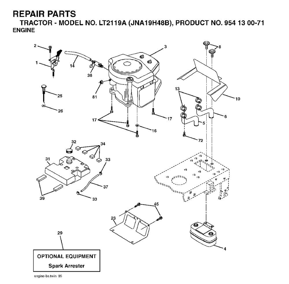 Engine Diagram and Parts List for LT2119A (954130071)(2003-05) Jonsered Lawn Tractor
