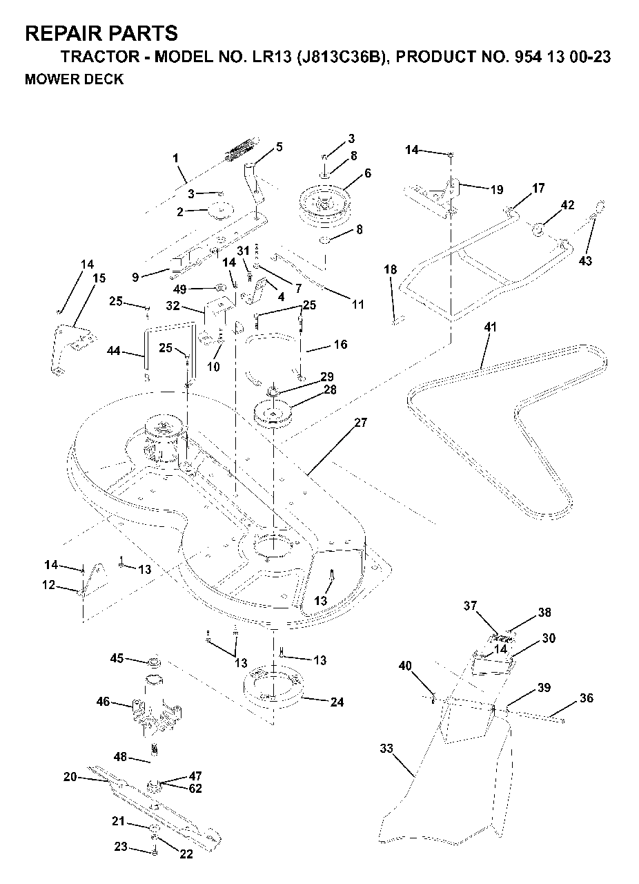 Mower Deck / Cutting Deck Diagram and Parts List for LR13 (954130023)(1998-12) Jonsered Lawn Tractor