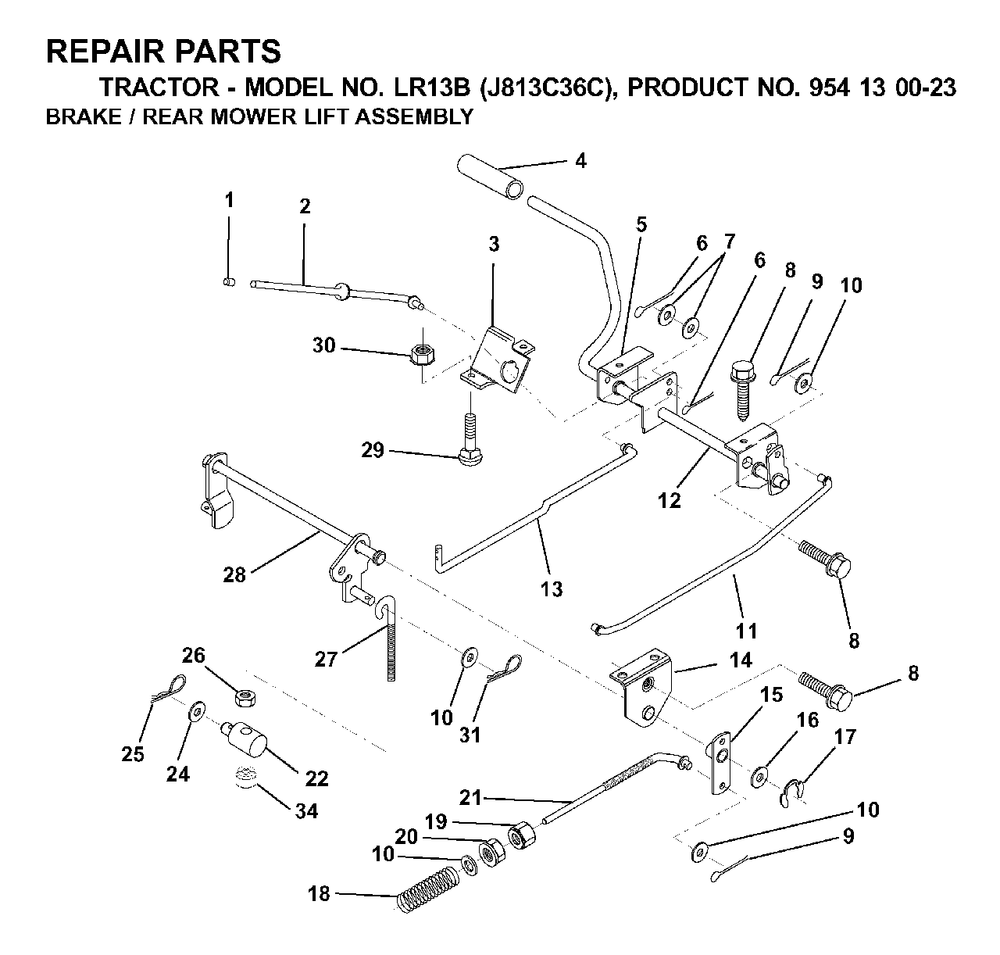 Brake / Rear Mower Lift Diagram and Parts List for LR13B (954130023)(2000-03) Jonsered Lawn Tractor