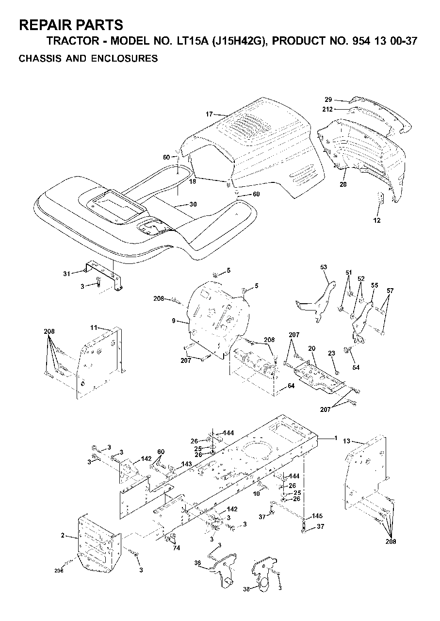 Chassis Enclosures Diagram and Parts List for LT15A (954130037-G)(2000-04) Jonsered Lawn Tractor
