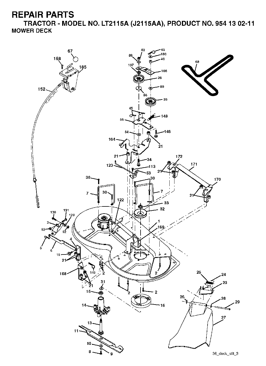 Mower Deck / Cutting Deck Diagram and Parts List for LT2115A (954130211)(2004-01) Jonsered Lawn Tractor