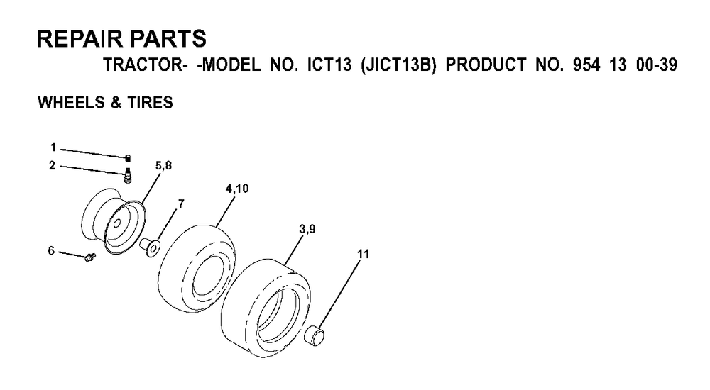 Wheels Tires Diagram and Parts List for ICT13 (954130039)(2000-02) Jonsered Lawn Tractor