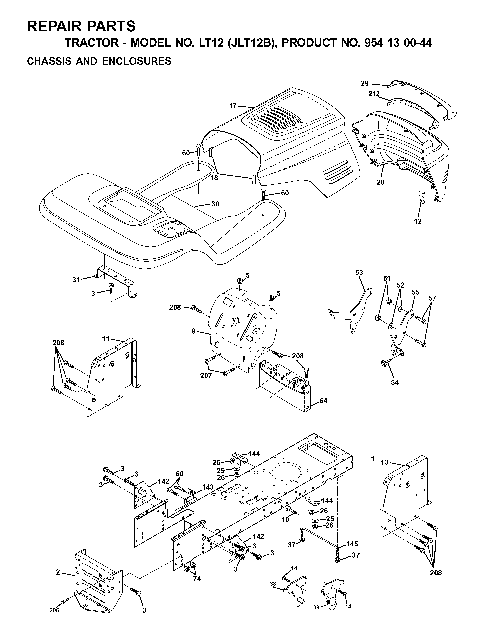 Chassis Enclosures Diagram and Parts List for LT12 (954130044)(2001-02) Jonsered Lawn Tractor