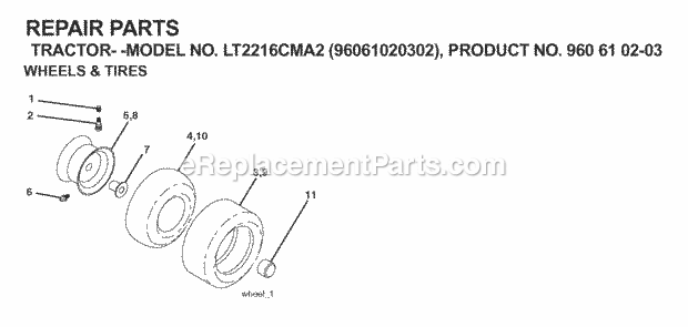 Wheels Tires Diagram and Parts List for LT2216CMA2 (960610203-96061020302)(2008-01) Jonsered Lawn Tractor