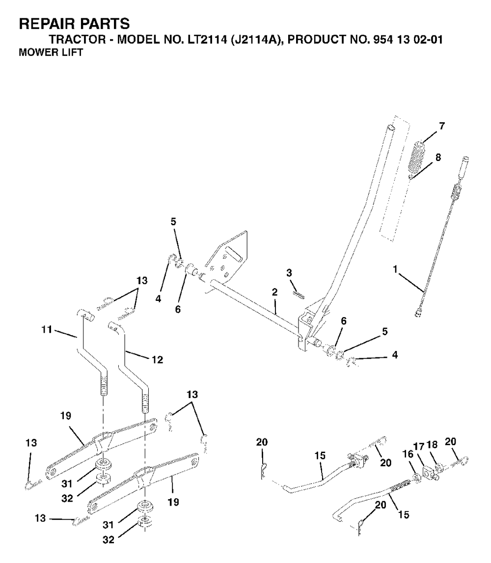 Mower Lift / Deck Lift Diagram and Parts List for LT2114 (954130201)(2003-01) Jonsered Lawn Tractor