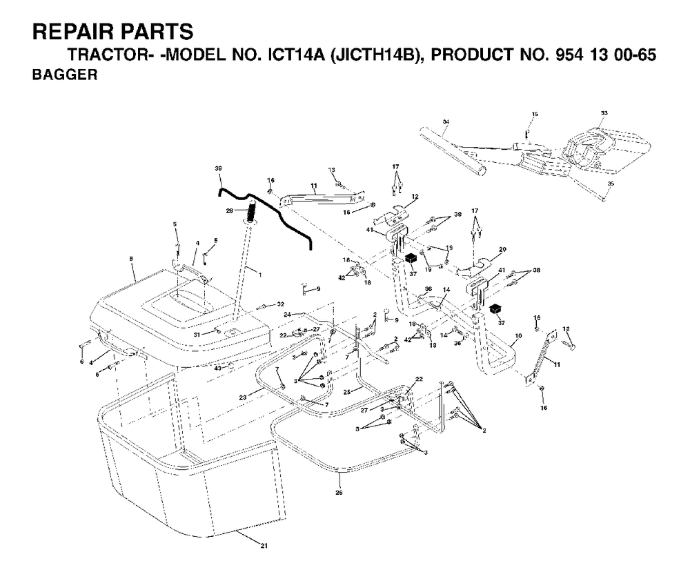 Bagger Diagram and Parts List for ICT14A (954130065-B)(2002-02) Jonsered Lawn Tractor