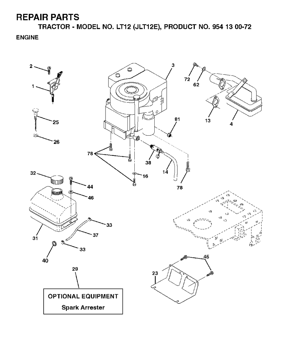 Engine Diagram and Parts List for LT12 (954130072)(2002-06) Jonsered Lawn Tractor