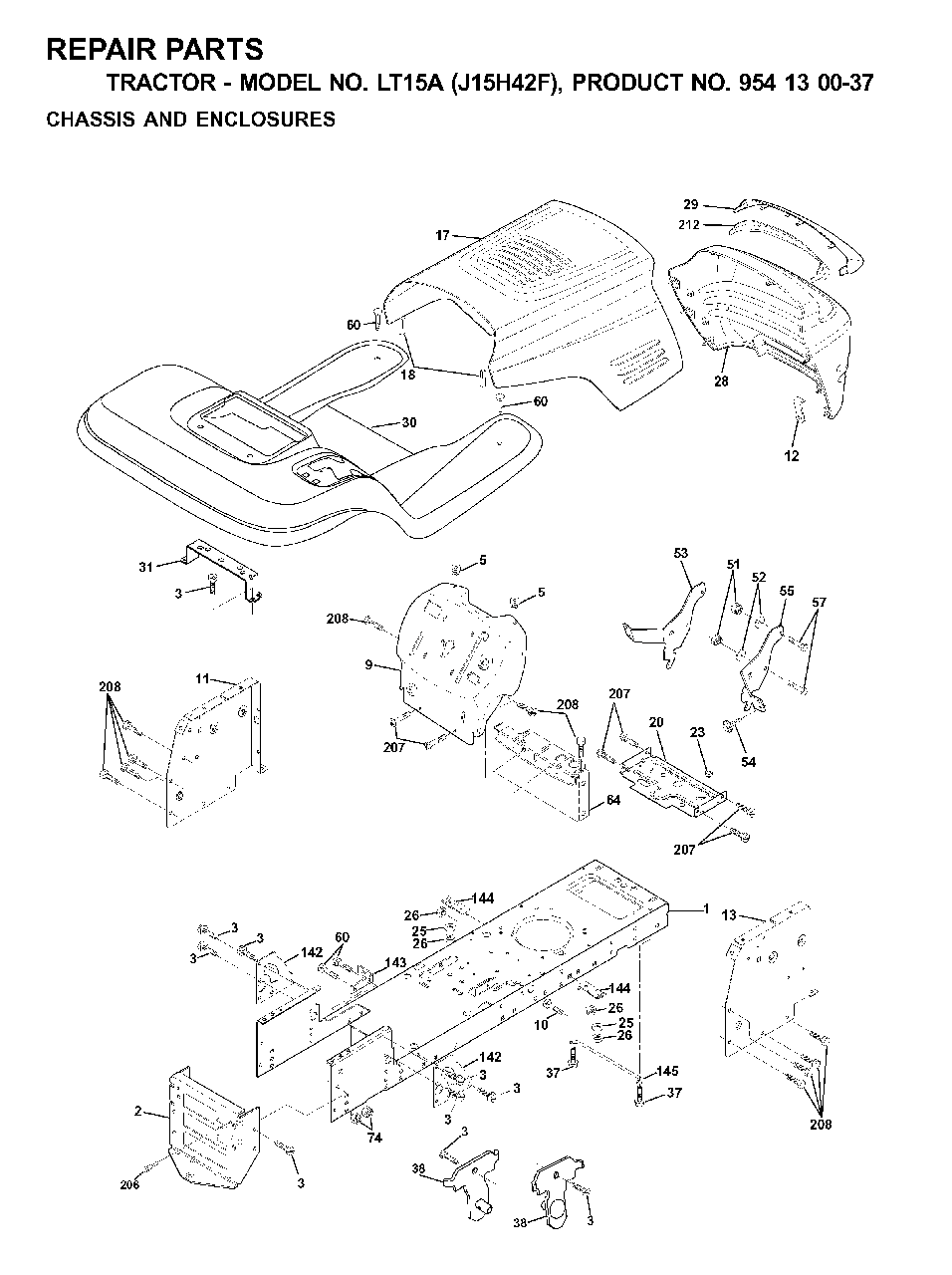 Chassis Enclosures Diagram and Parts List for LT15A (954130037-F)(2000-04) Jonsered Lawn Tractor
