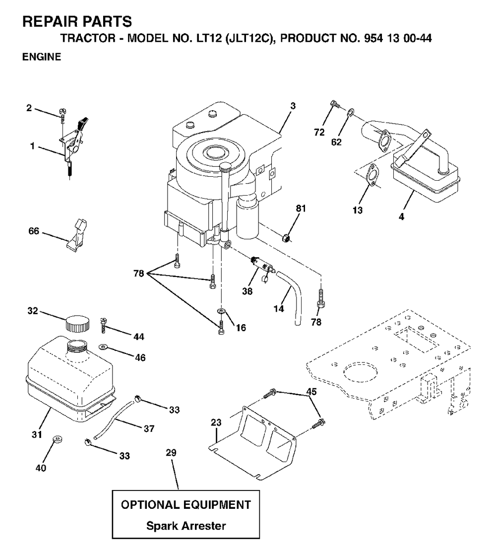 Engine Diagram and Parts List for LT12 (954130044)(2001-09) Jonsered Lawn Tractor