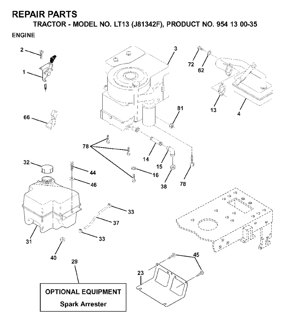 Engine Cutting Equipment Diagram and Parts List for LT13 (954130035)(2000-04) Jonsered Lawn Tractor