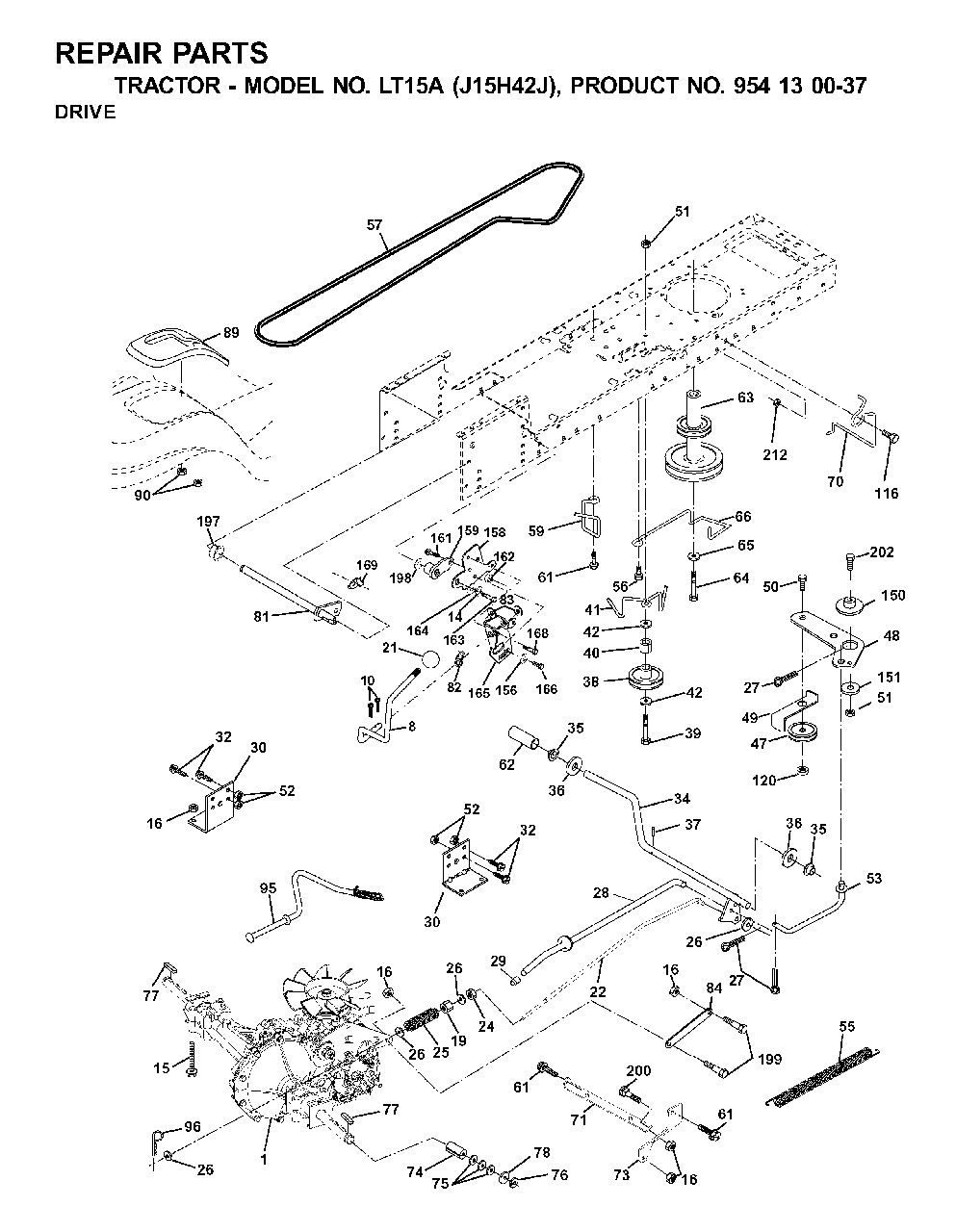 Drive Diagram and Parts List for LT15A (954130037-J)(2001-01) Jonsered Lawn Tractor