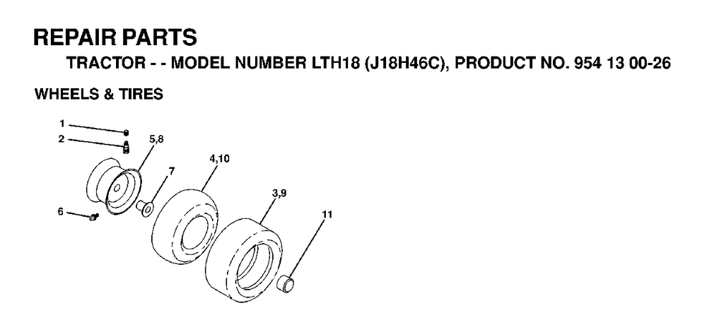 Wheels Tires Diagram and Parts List for LTH18 (954130026)(1998-12) Jonsered Lawn Tractor