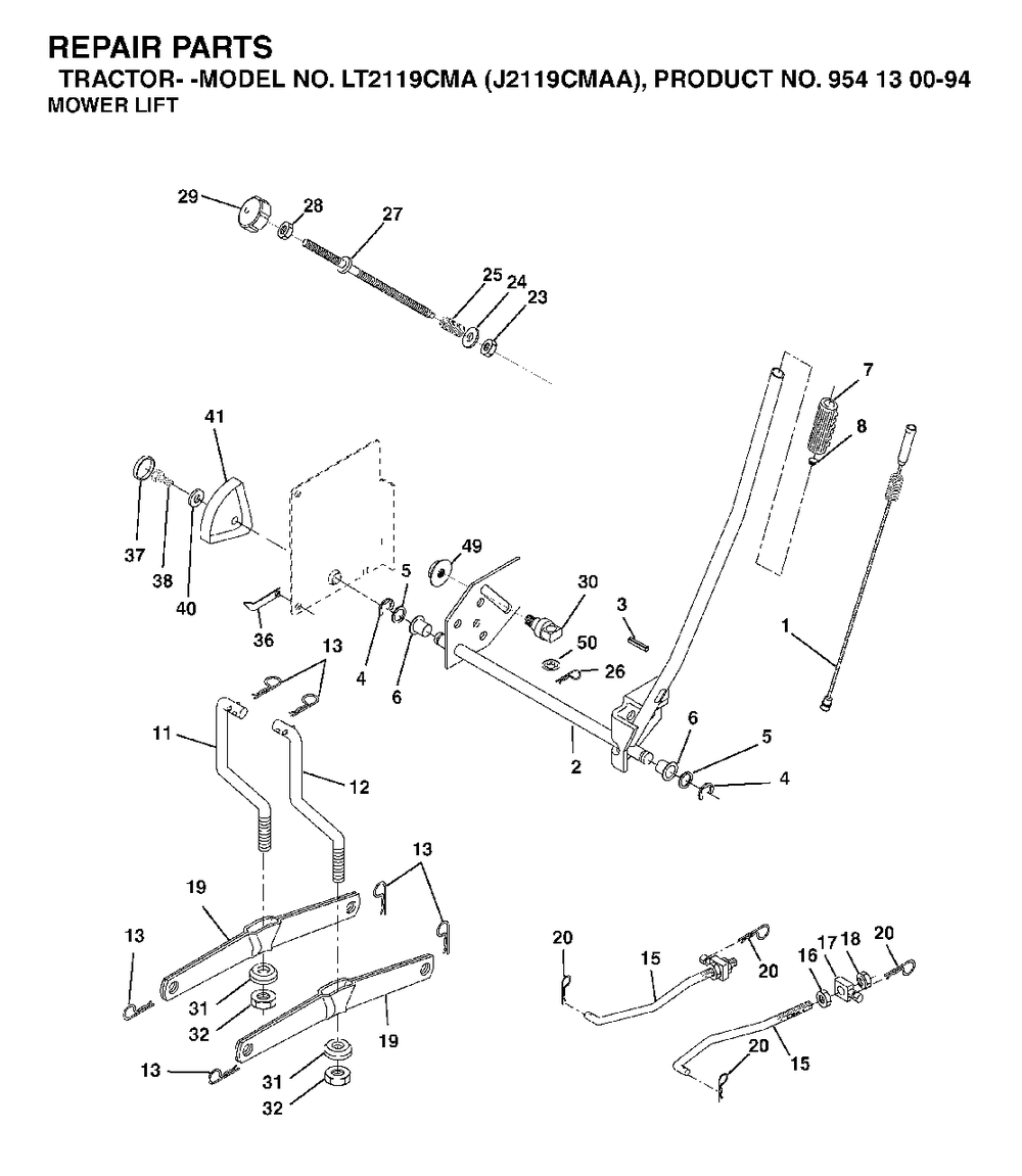 Mower Lift / Deck Lift Diagram and Parts List for LT2119CMA (954130094)(2003-01) Jonsered Lawn Tractor