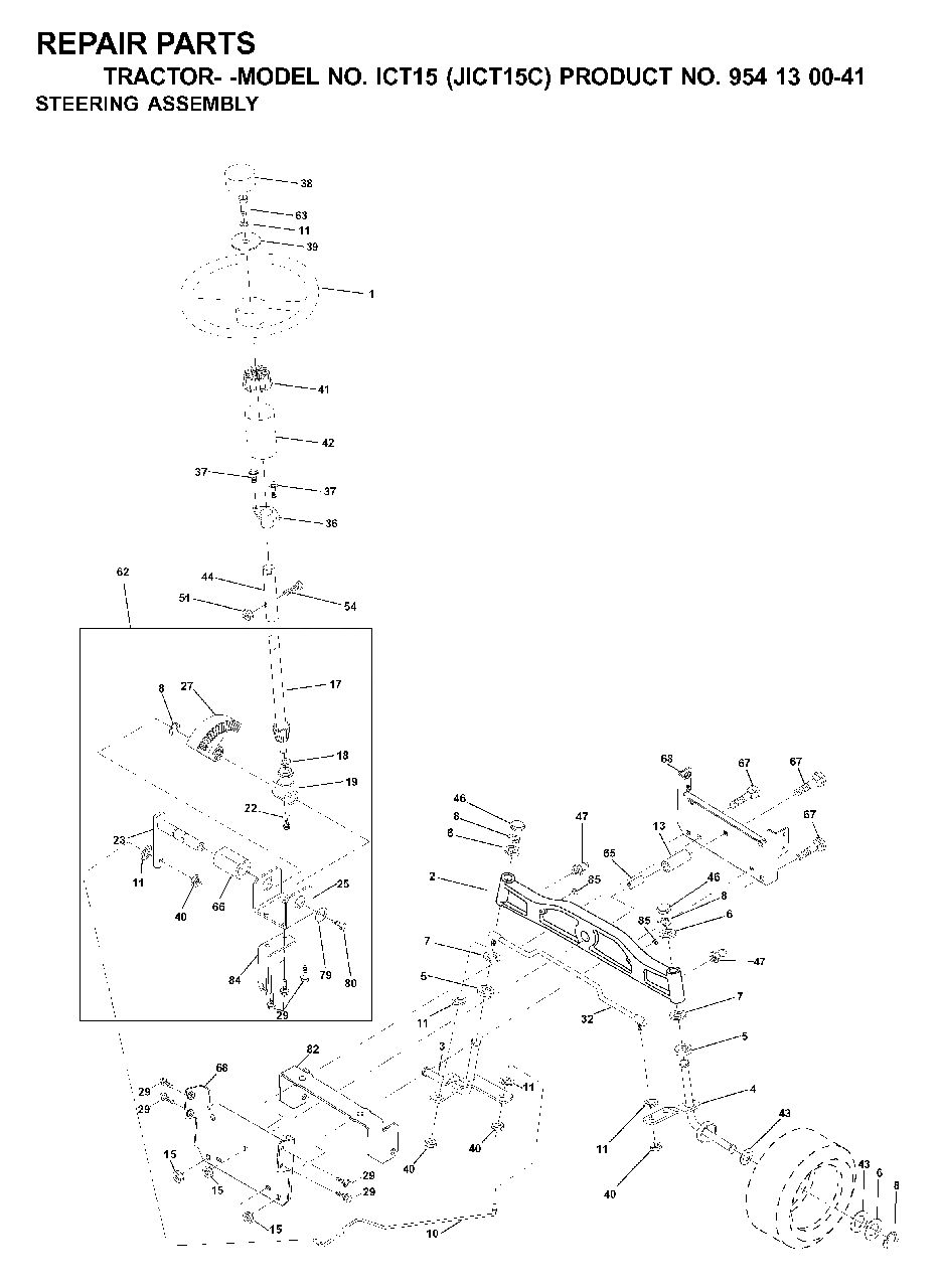 Steering Diagram and Parts List for ICT15 (954130041)(2000-04) Jonsered Lawn Tractor