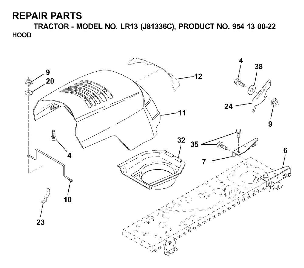 Hood Diagram and Parts List for LR13 (954130022)(2000-03) Jonsered Lawn Tractor