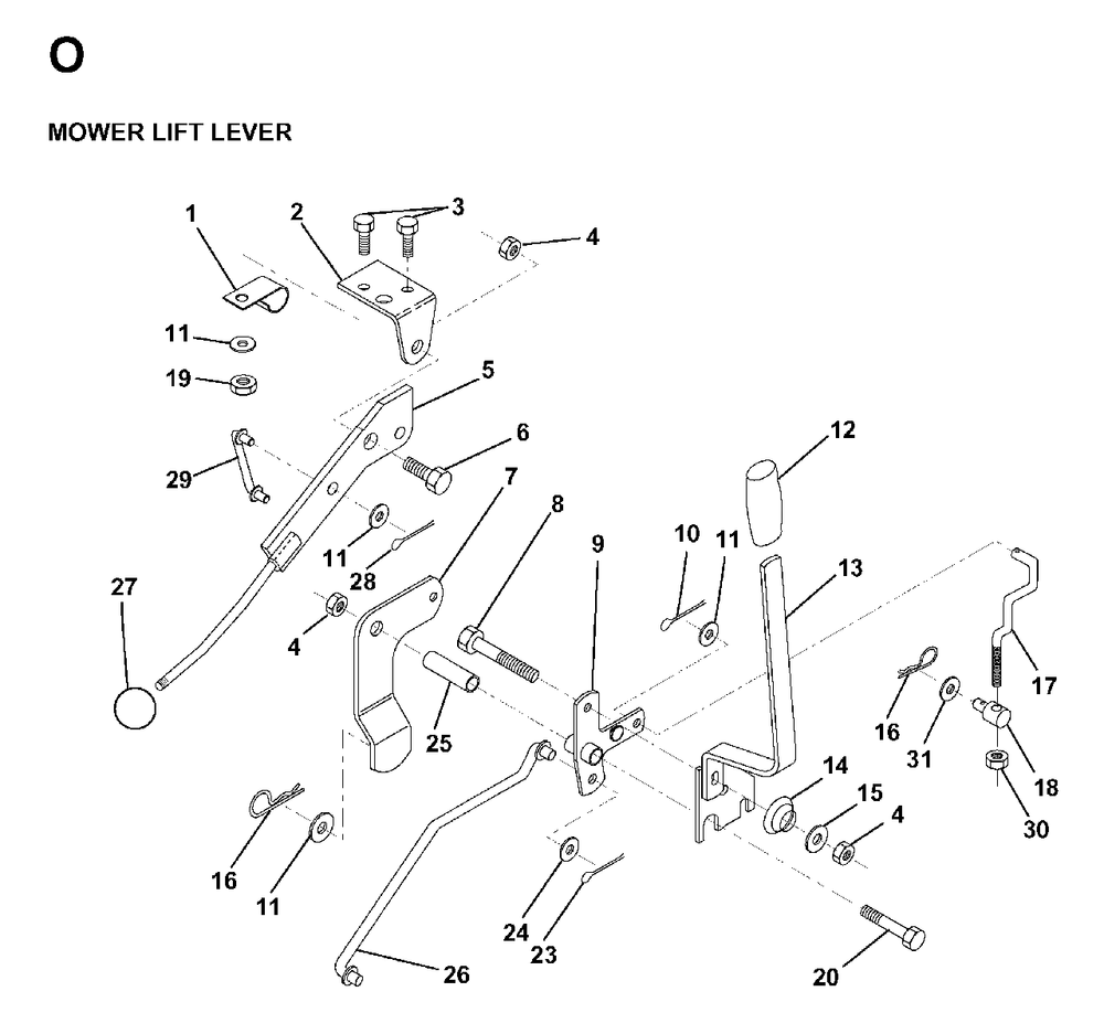 Mower Lift Lever Diagram and Parts List for LRH13 1998-01 Jonsered Lawn Tractor