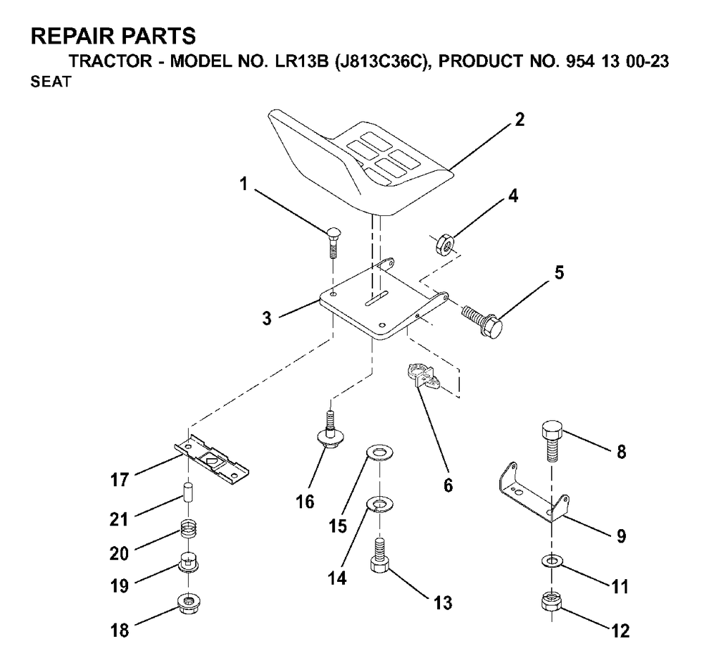 Seat Diagram and Parts List for LR13B (954130023)(2000-03) Jonsered Lawn Tractor