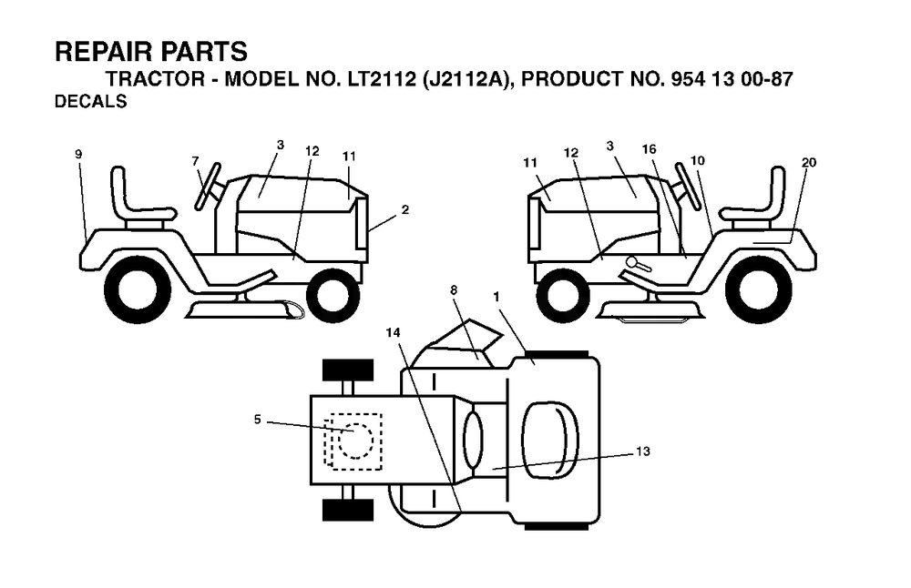 Decals Diagram and Parts List for LT2112 (954130087)(2003-01) Jonsered Lawn Tractor