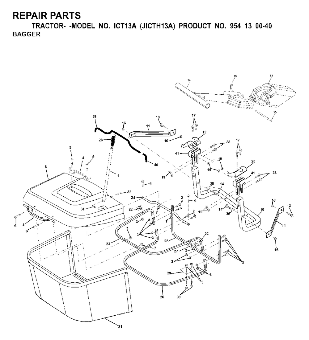 Bagger Diagram and Parts List for ICT13A (954130040)(2000-02) Jonsered Lawn Tractor