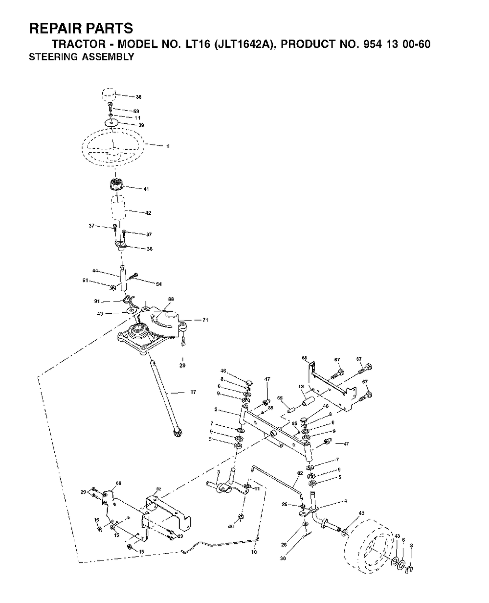 Steering Diagram and Parts List for LT16 (954130060-A)(2002-06) Jonsered Lawn Tractor