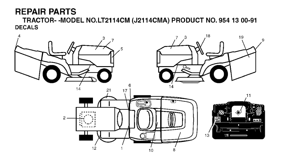Decals Diagram and Parts List for LT2114CM (954130091)(2003-01) Jonsered Lawn Tractor