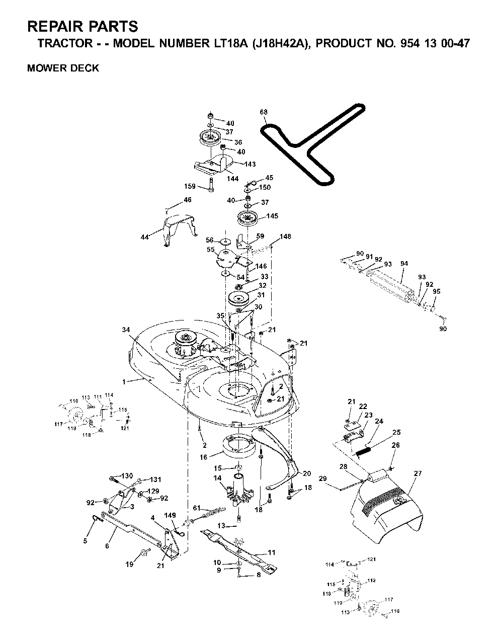 Mower Deck / Cutting Deck Diagram and Parts List for LT18A (954130047-A)(2001-01) Jonsered Lawn Tractor