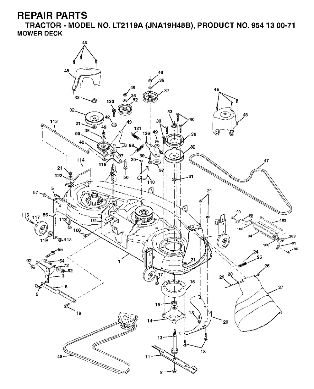 Mower Deck / Cutting Deck Diagram and Parts List for LT2119A (954130071)(2003-05) Jonsered Lawn Tractor