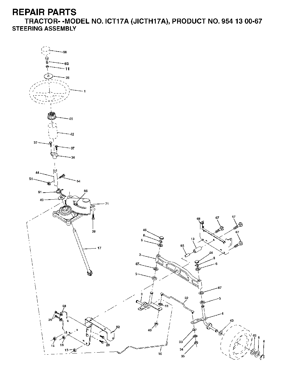 Steering Diagram and Parts List for ICT17A (954130067)(2002-02) Jonsered Lawn Tractor