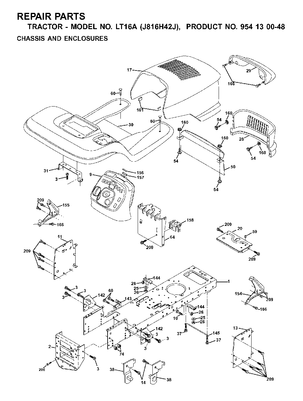 Chassis Enclosures Diagram and Parts List for LT16A (954130048)(2001-02) Jonsered Lawn Tractor